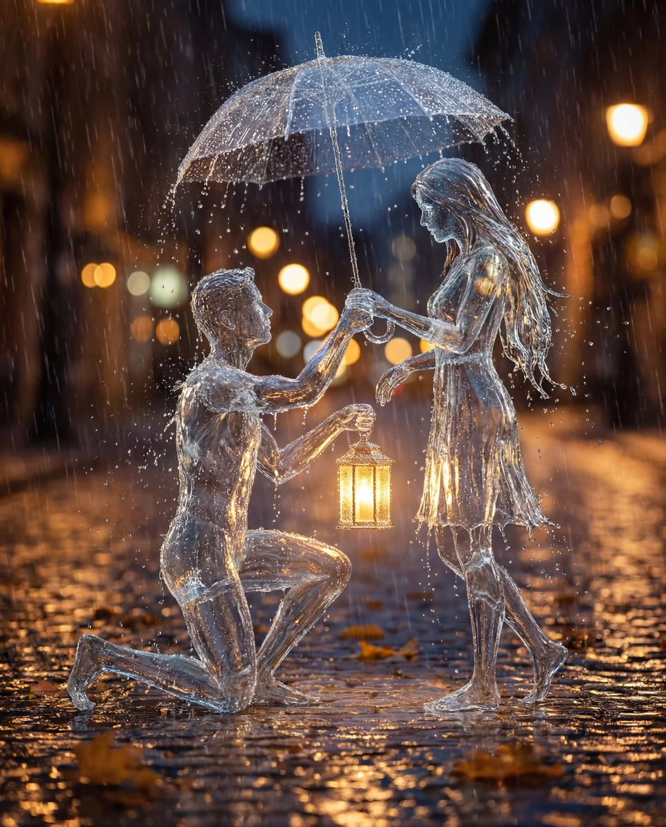 水滴幻化浪漫雨中求婚场景