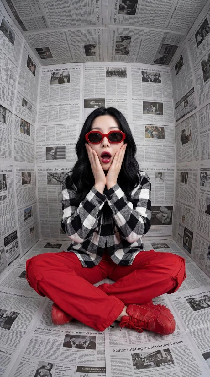 红黑撞色时尚人像,报纸空间中的超现实惊喜