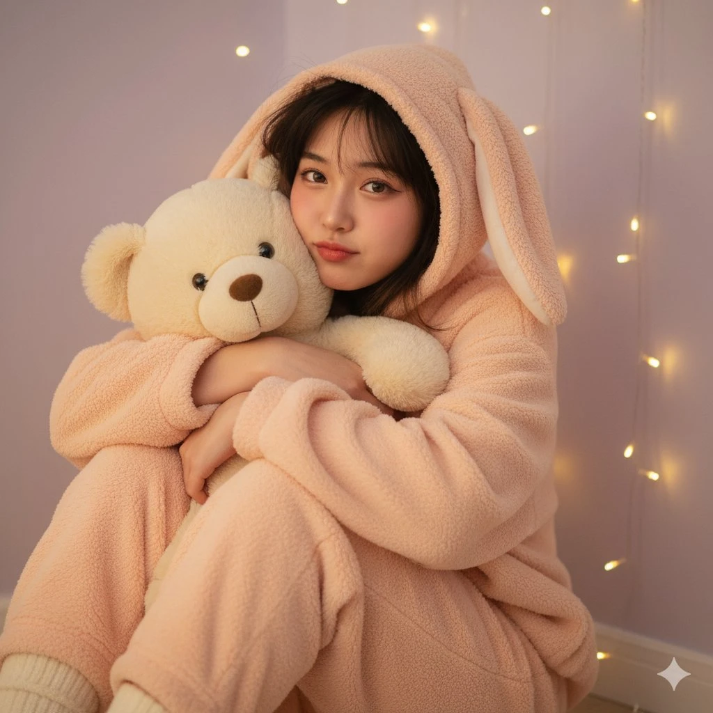 淡桃粉色宽松毛绒睡衣女孩