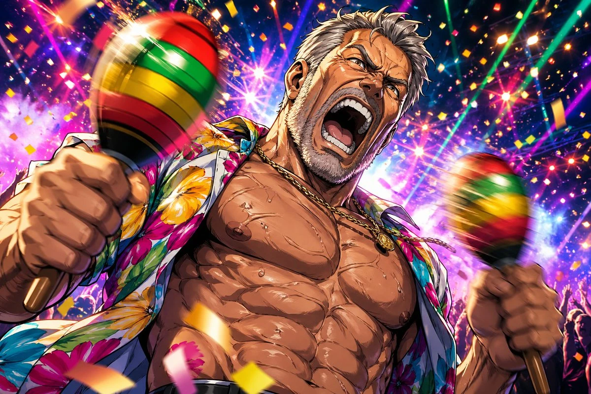 狂野中年男子热带派对动漫插画