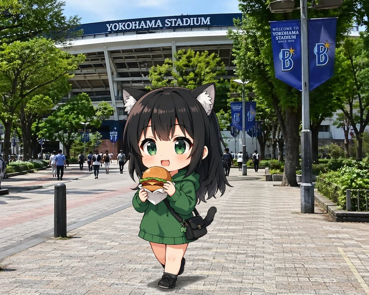 横滨球场前吃汉堡的猫耳娘
