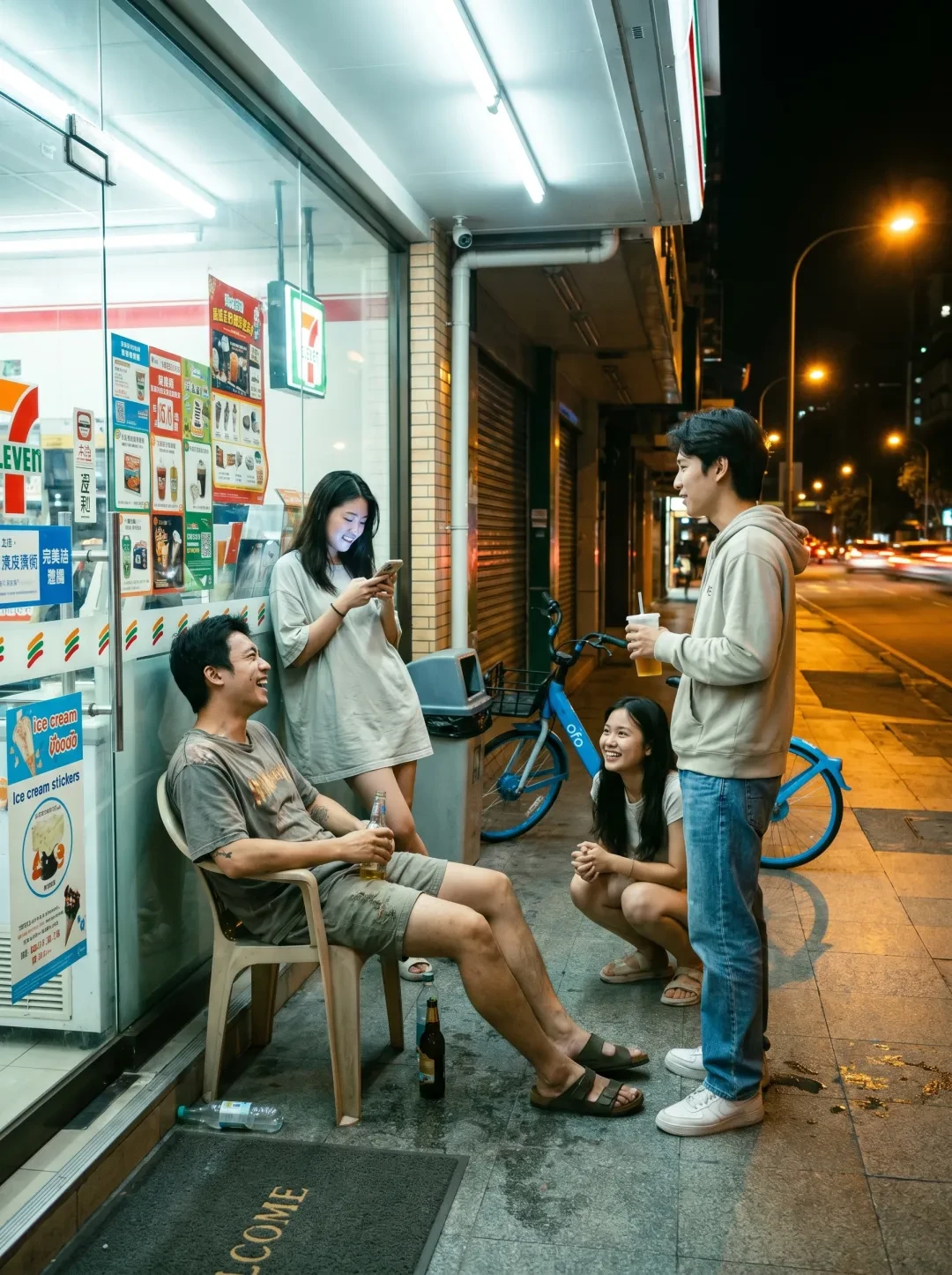 便利店外真实路人夜间群像