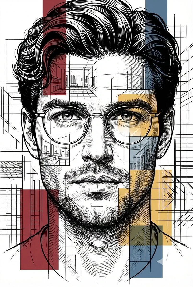 现代主义建筑蓝图风格肖像插画