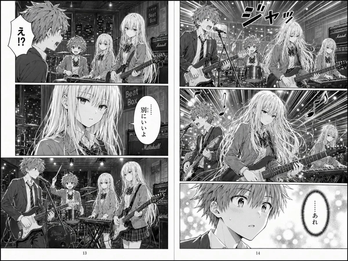 黑白漫画页:乐队排练