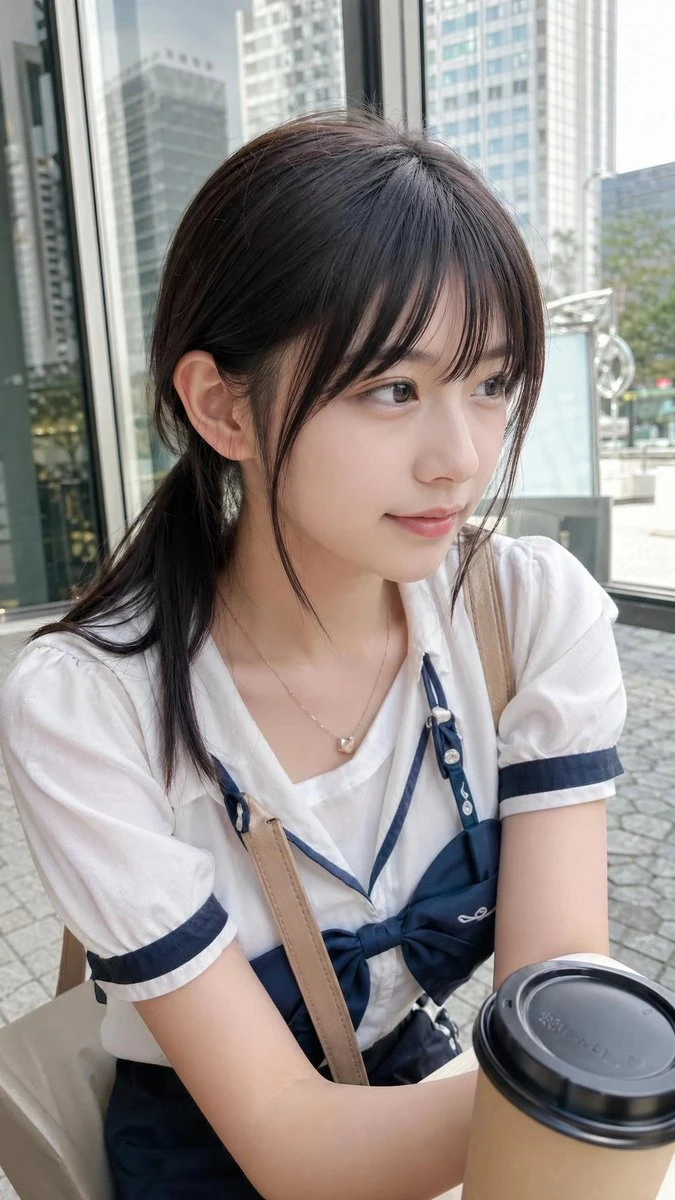 日系少女户外咖啡写实风