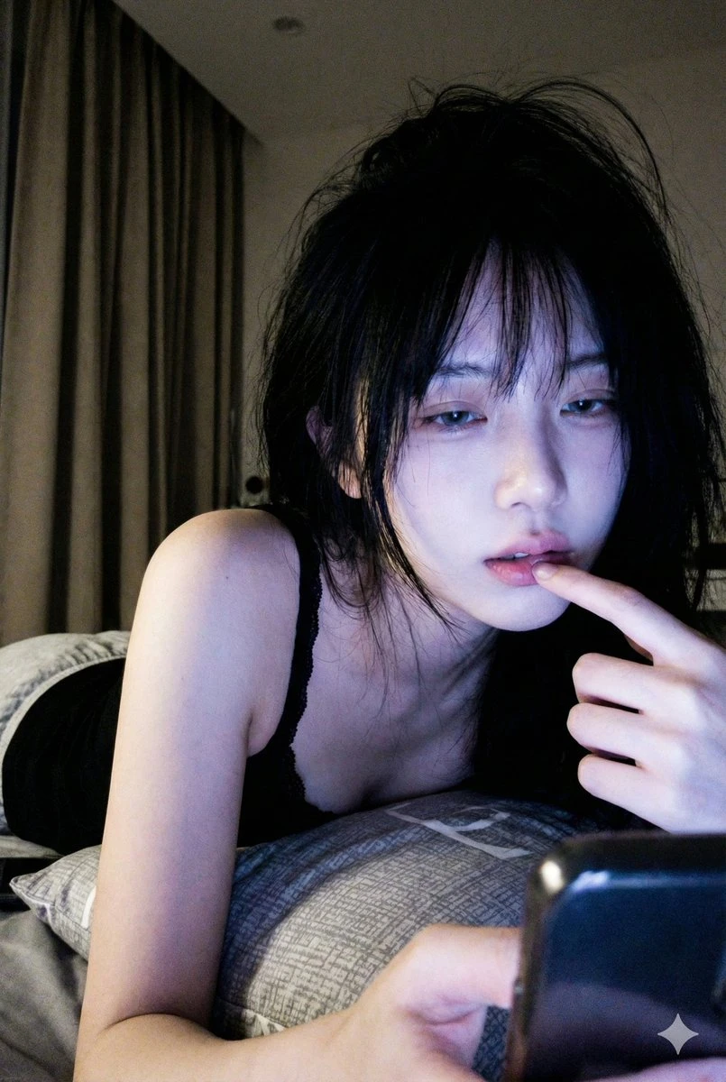 深夜卧室自拍,蓝紫光晕下的慵懒氛围