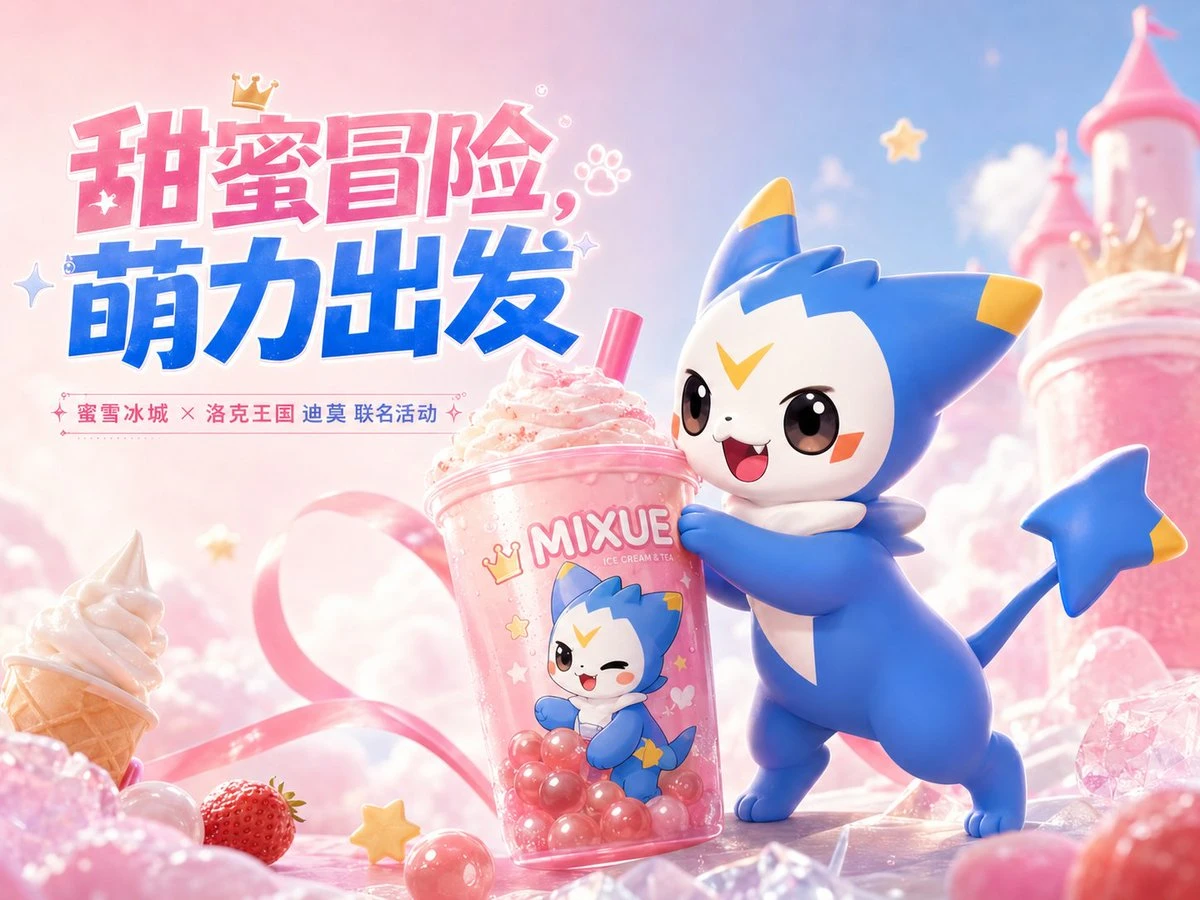 蜜雪冰城x洛克王国迪莫联名海报