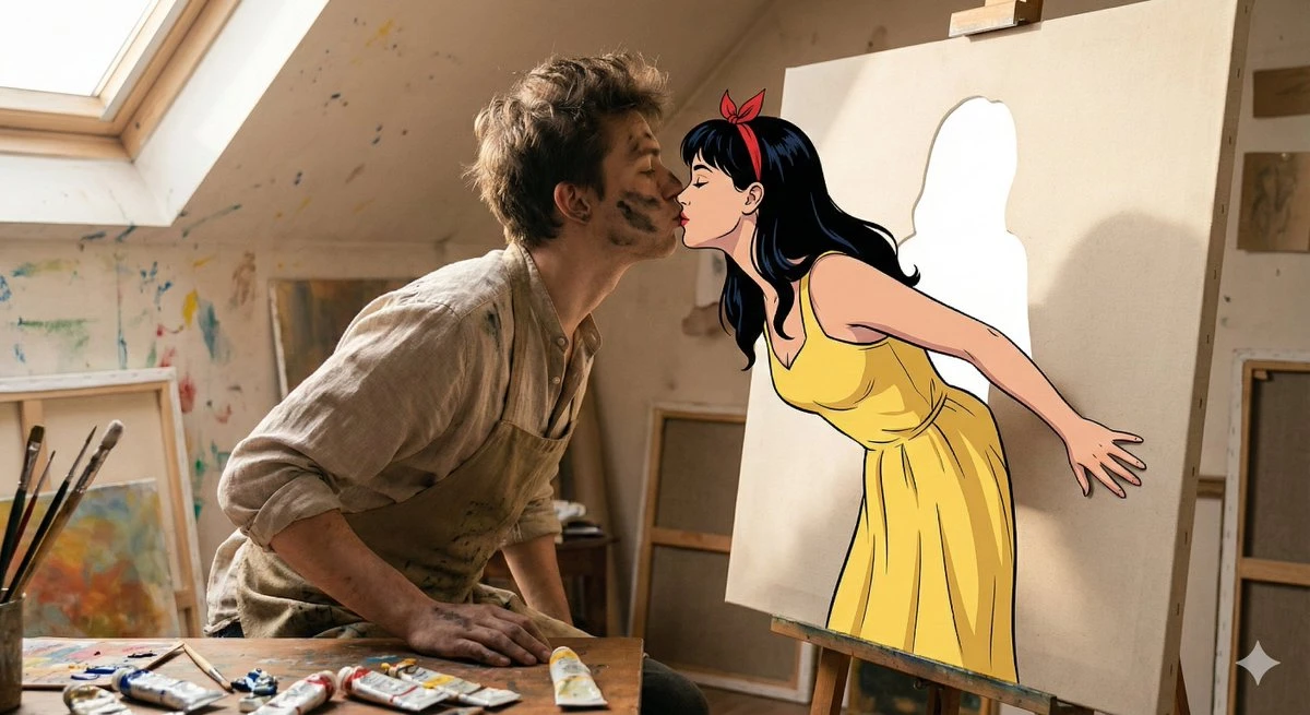 画家与画中走出的少女深情相吻