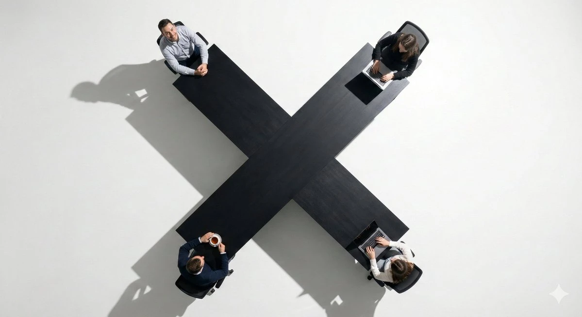 X形会议桌团队协作场景生成提示词