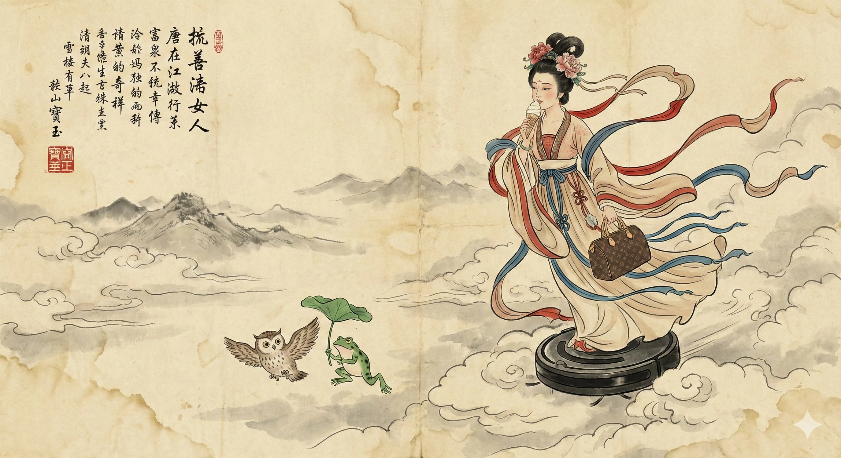 古风仙女乘扫地机云端遨游