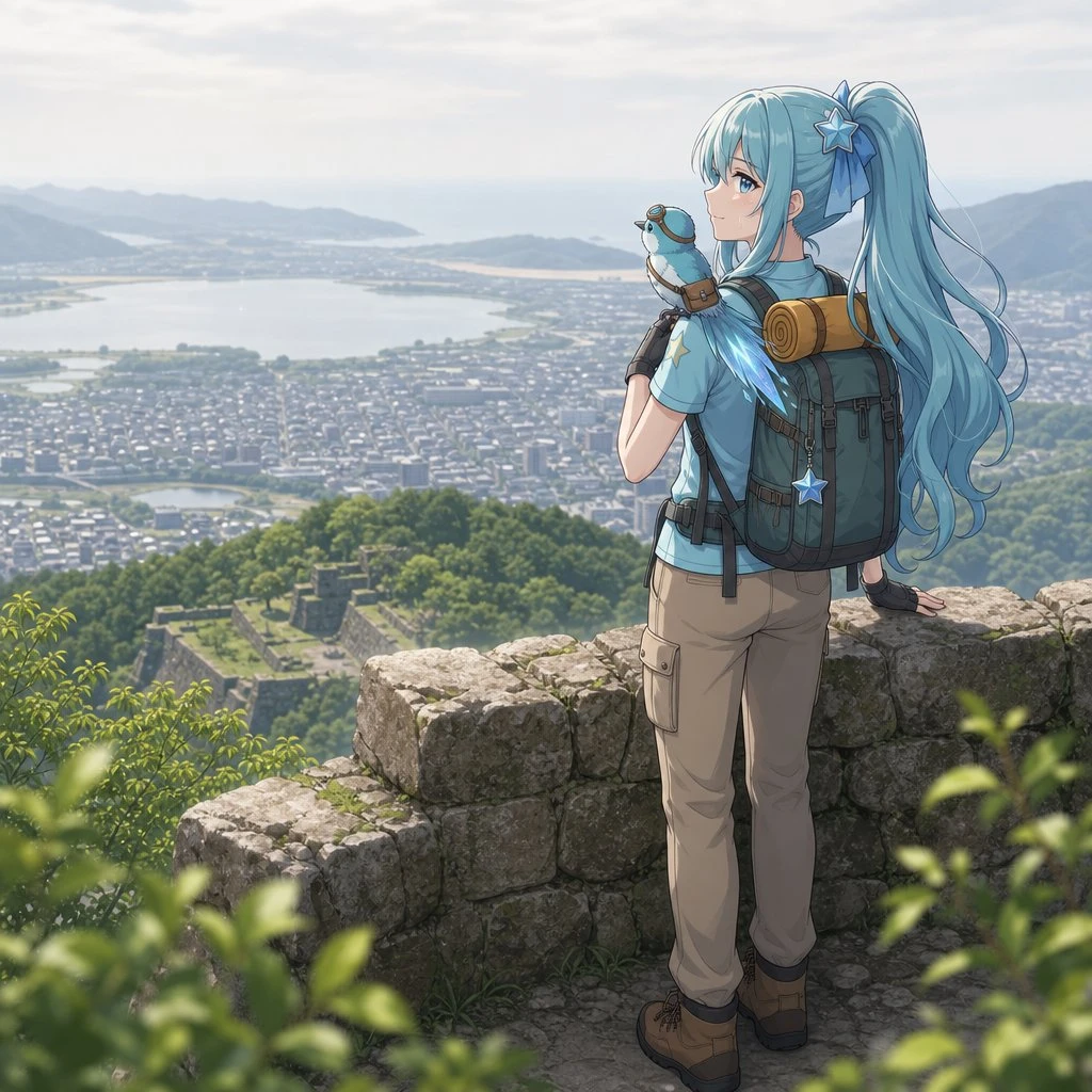 动漫风格登山少女风景插画
