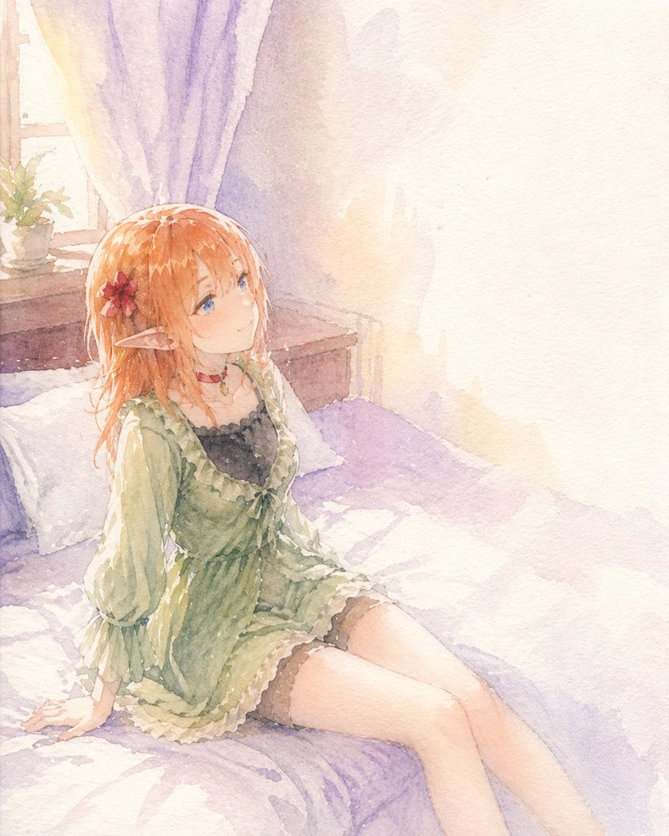 水彩精灵少女卧室插画