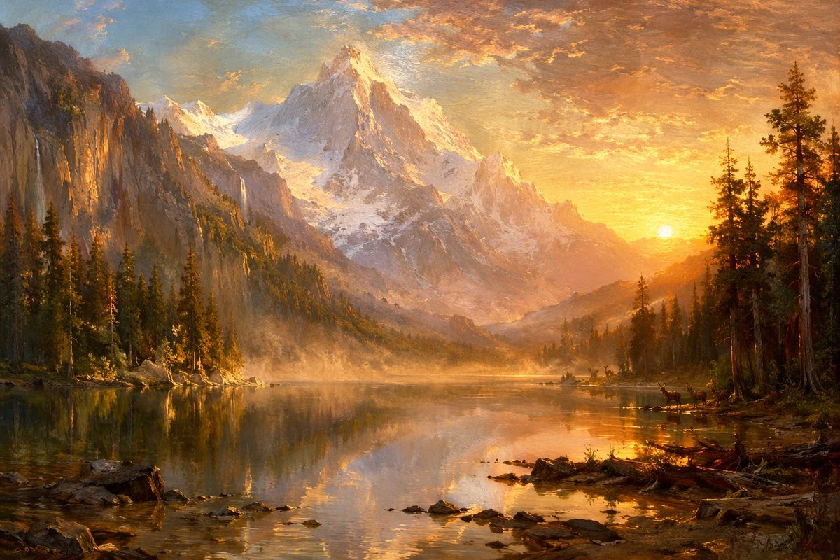 金色夕阳下的阿尔卑斯湖景