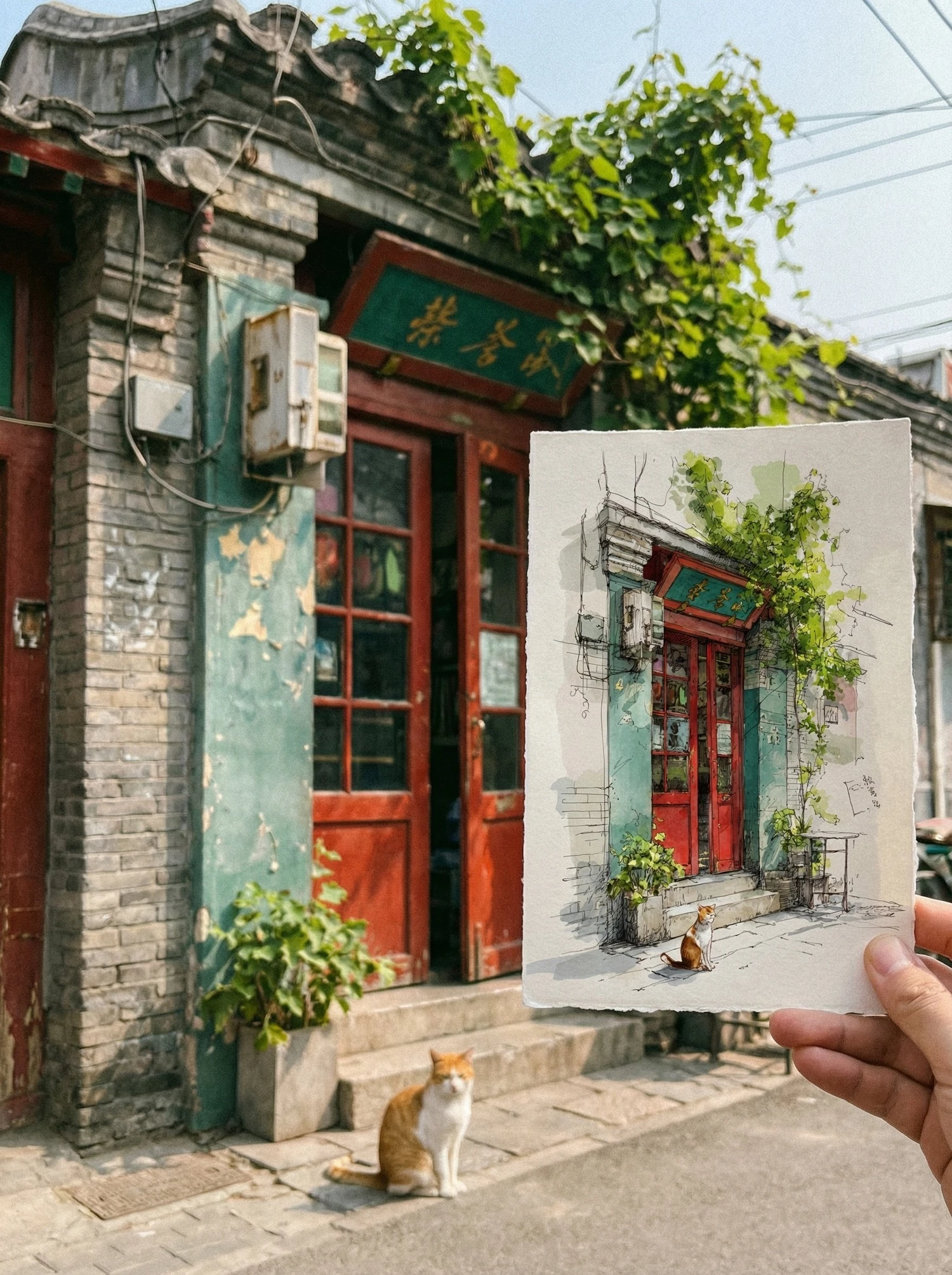 虚实交错:胡同与猫的手绘稿与真实场景对比