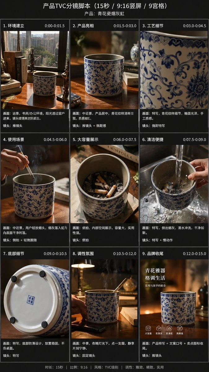 青花瓷烟灰缸15秒TVC分镜脚本