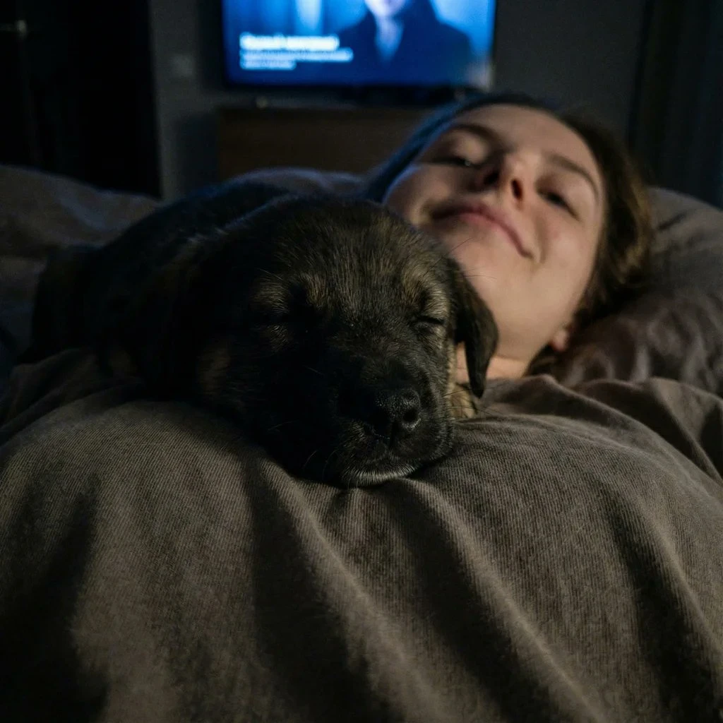 深夜卧床与犬共眠的温馨瞬间