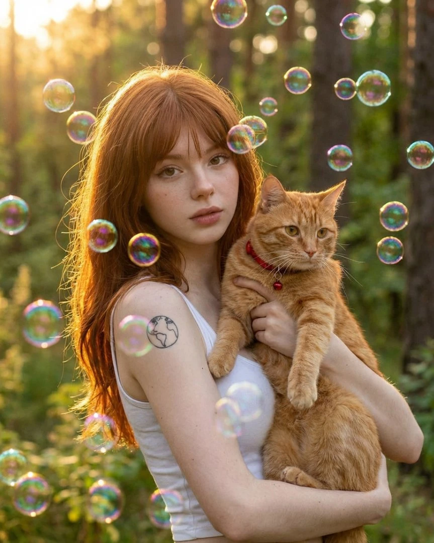 红发少女抱橘猫森林泡泡梦幻写真