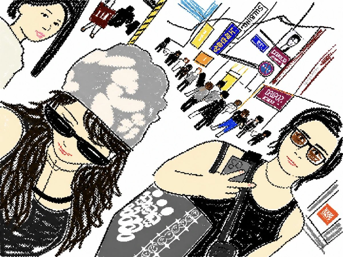 日系街头风格自拍插画