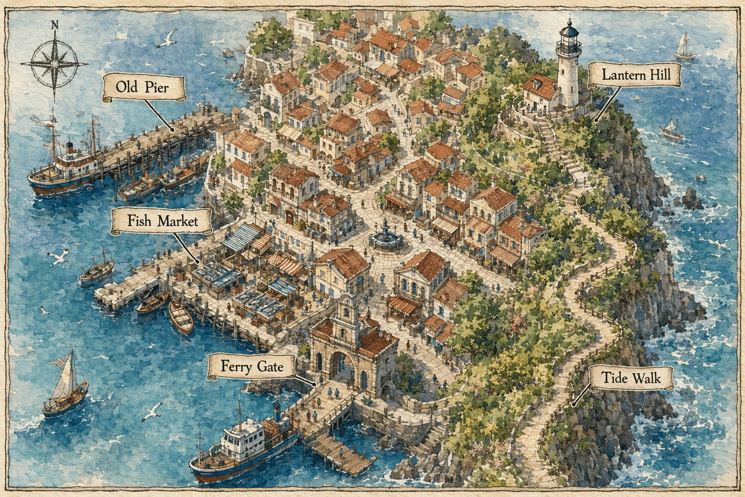 生成虚构海港小镇水彩旅游地图