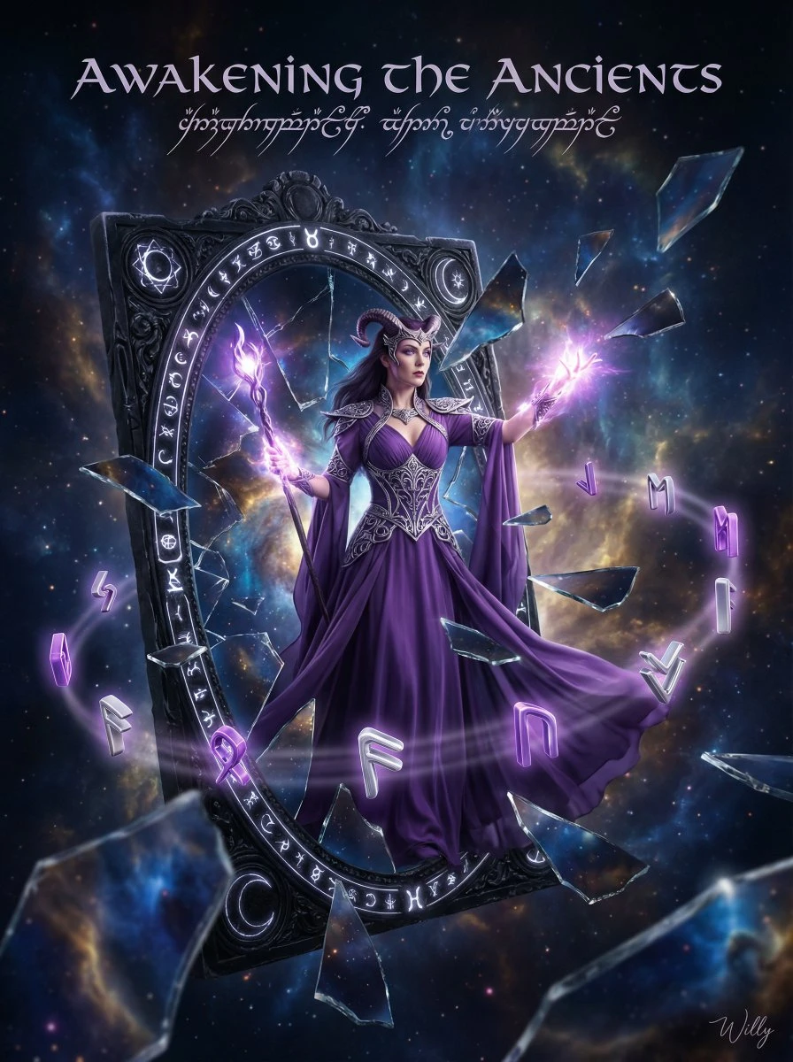 紫袍女巫破镜而出,星尘环绕,符文飞旋,唤醒远古之力。