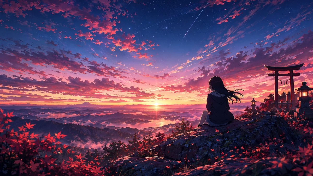 动漫少女赏日落
