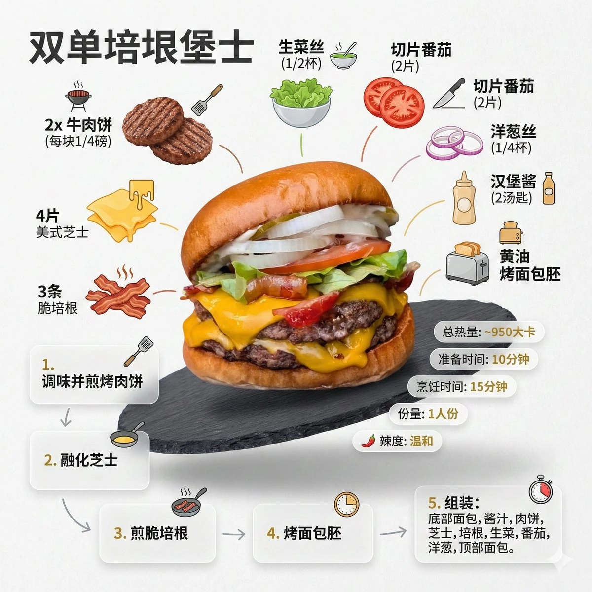 双单培根堡士与牛排沙拉食谱图解