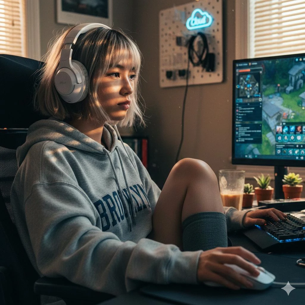 电竞少女沉浸游戏瞬间