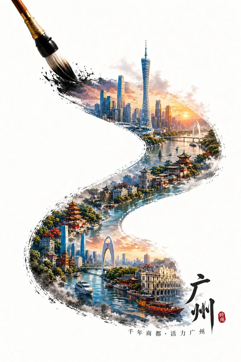 广州城市地标水墨海报