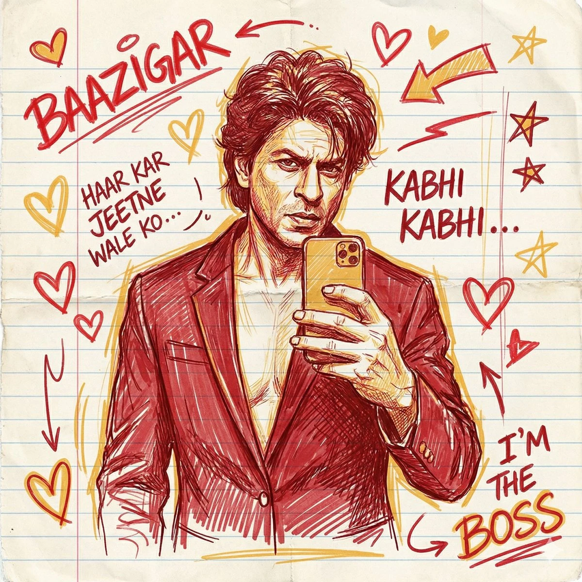 沙鲁克汗《Baazigar》电影手绘自拍插画