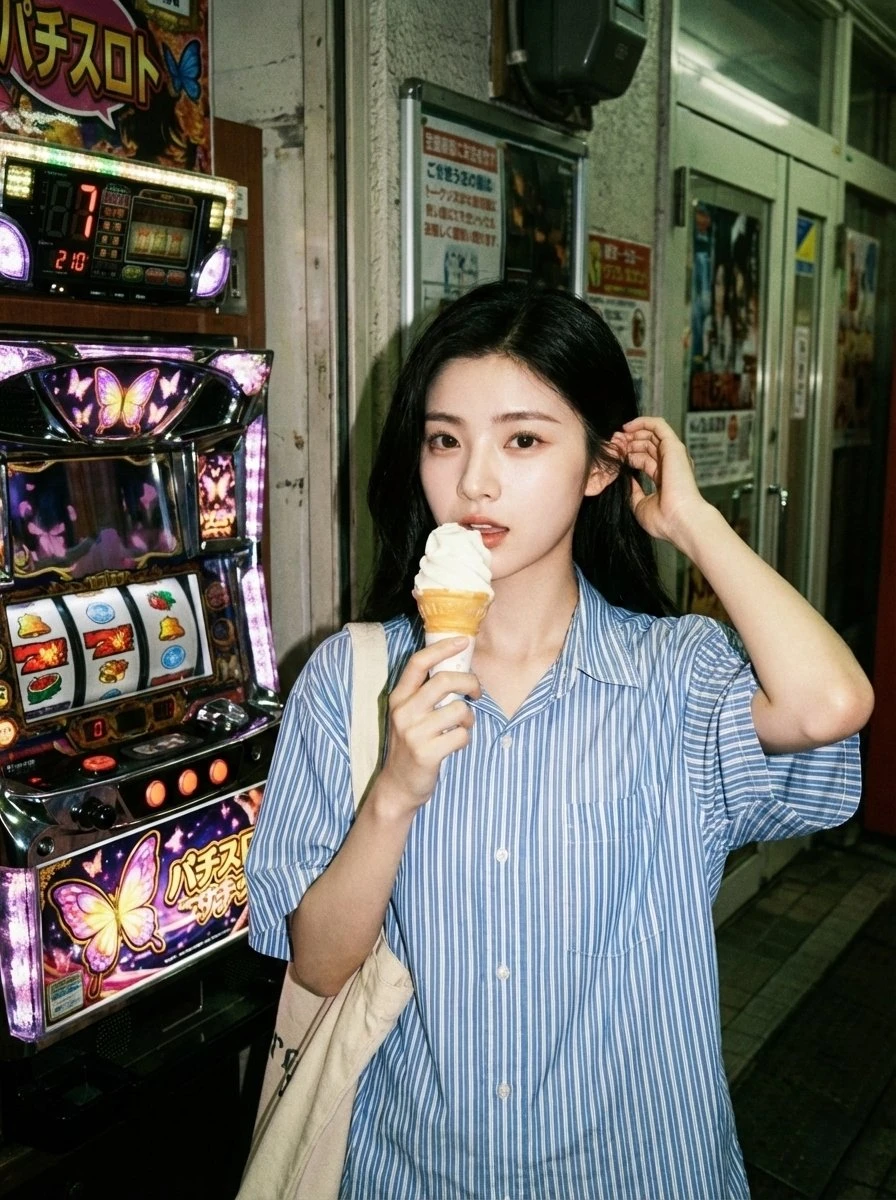 夜市街拍:少女持冰淇淋与老虎机合影