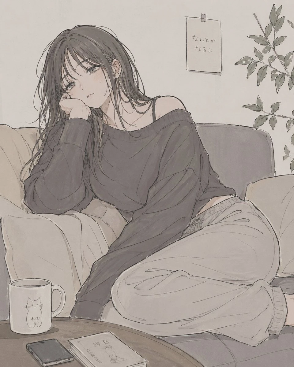 慵懒少女居家生活氛围插画