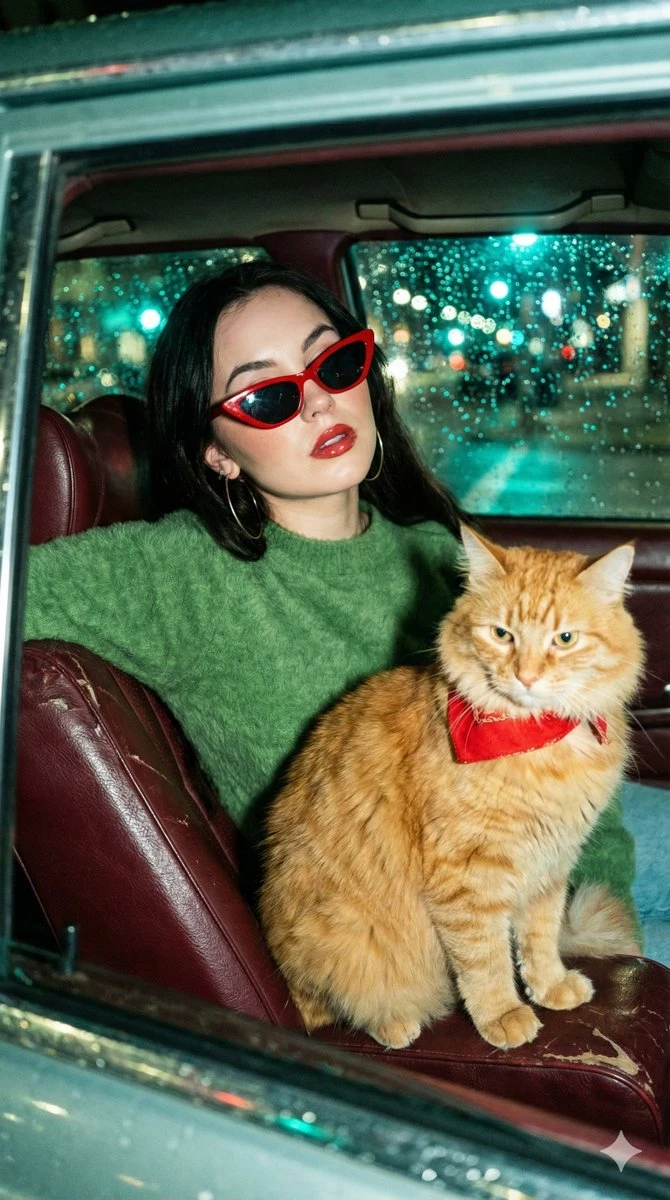 雨夜车窗里的复古时尚猫女郎