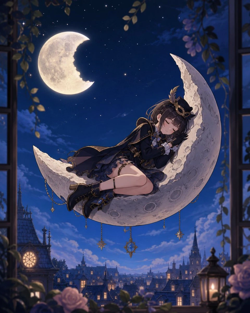 动漫少女睡在月亮上
