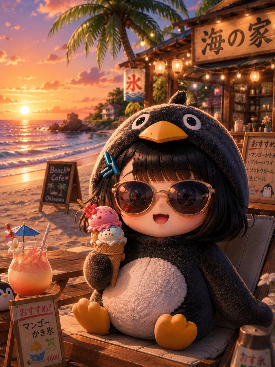 治愈系企鹅装女孩海滩日落