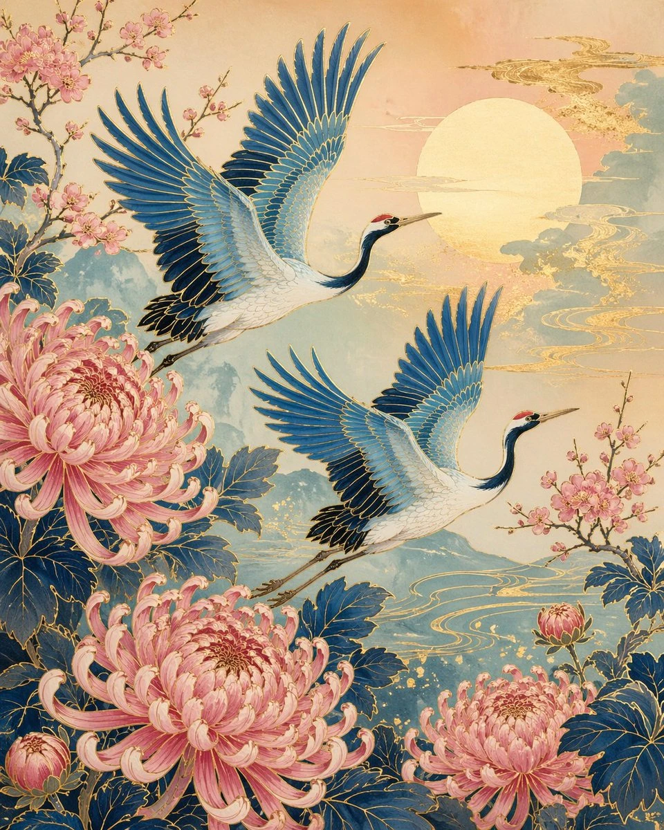 日式蓝鹤菊花装饰画