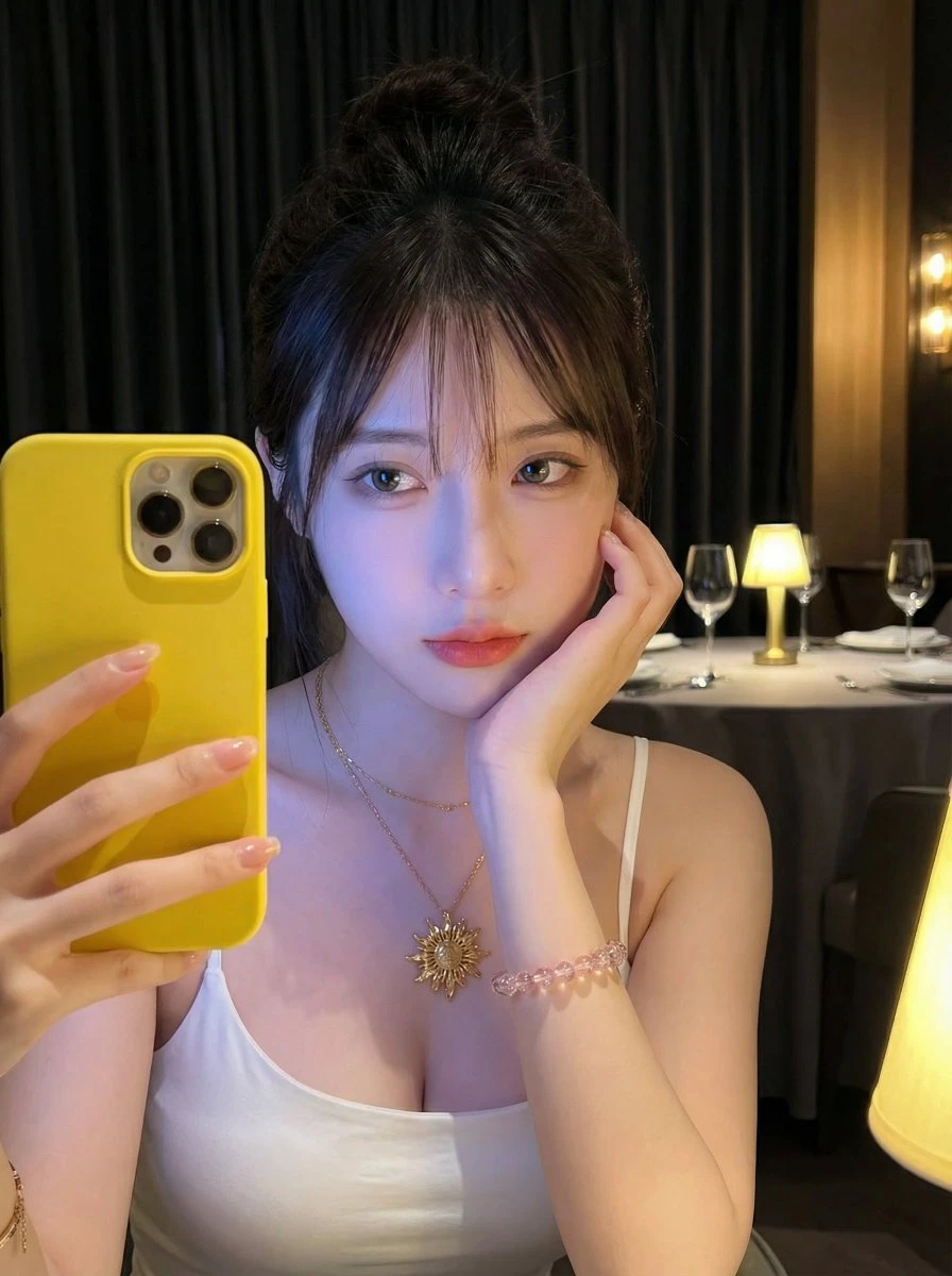 冷暖光影下餐厅自拍的精致女性肖像
