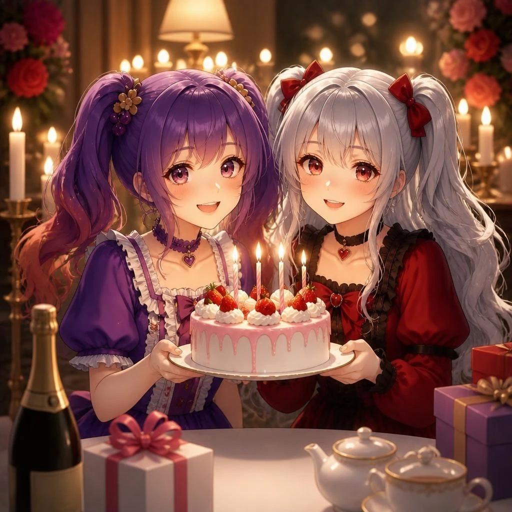 二次元双马尾少女生日派对插画