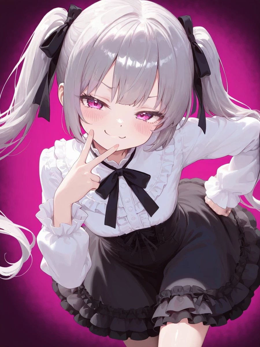 银发双马尾少女比耶插画