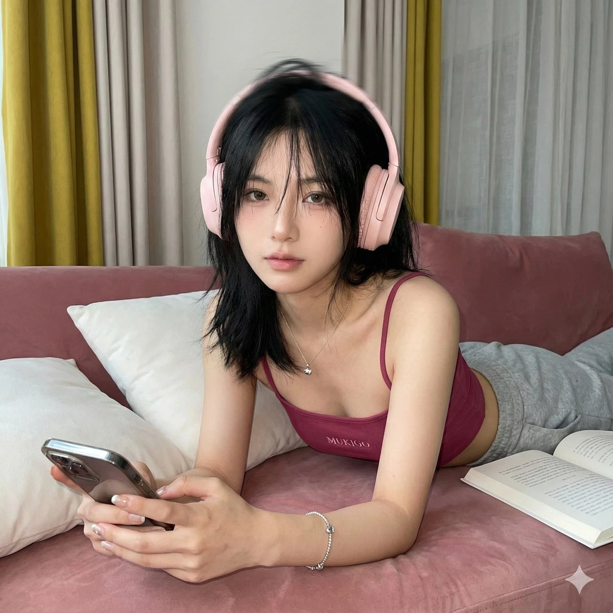 粉红耳机少女自拍写真