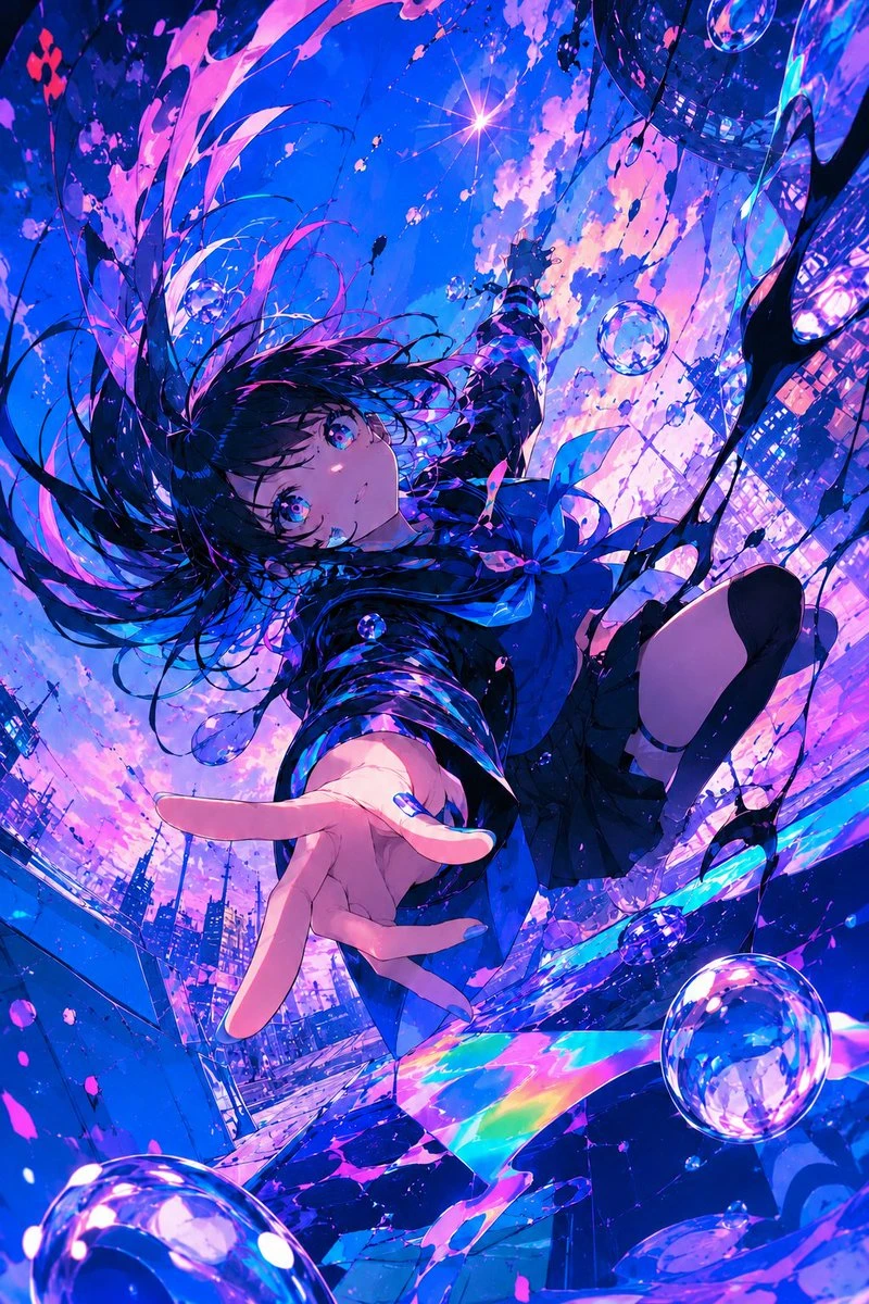 动漫少女坠落霓虹都市