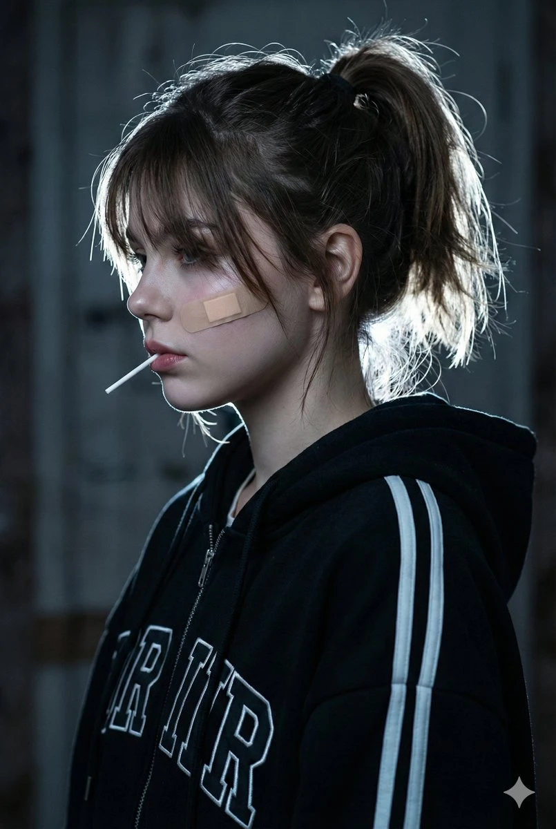 叛逆少女侧脸肖像,带创可贴与棒棒糖,街头风连帽衫,戏剧光影