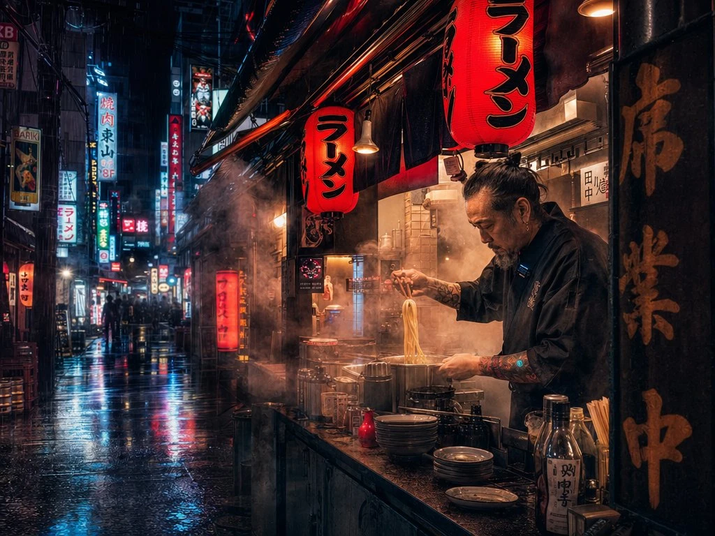 赛博朋克雨夜拉面摊