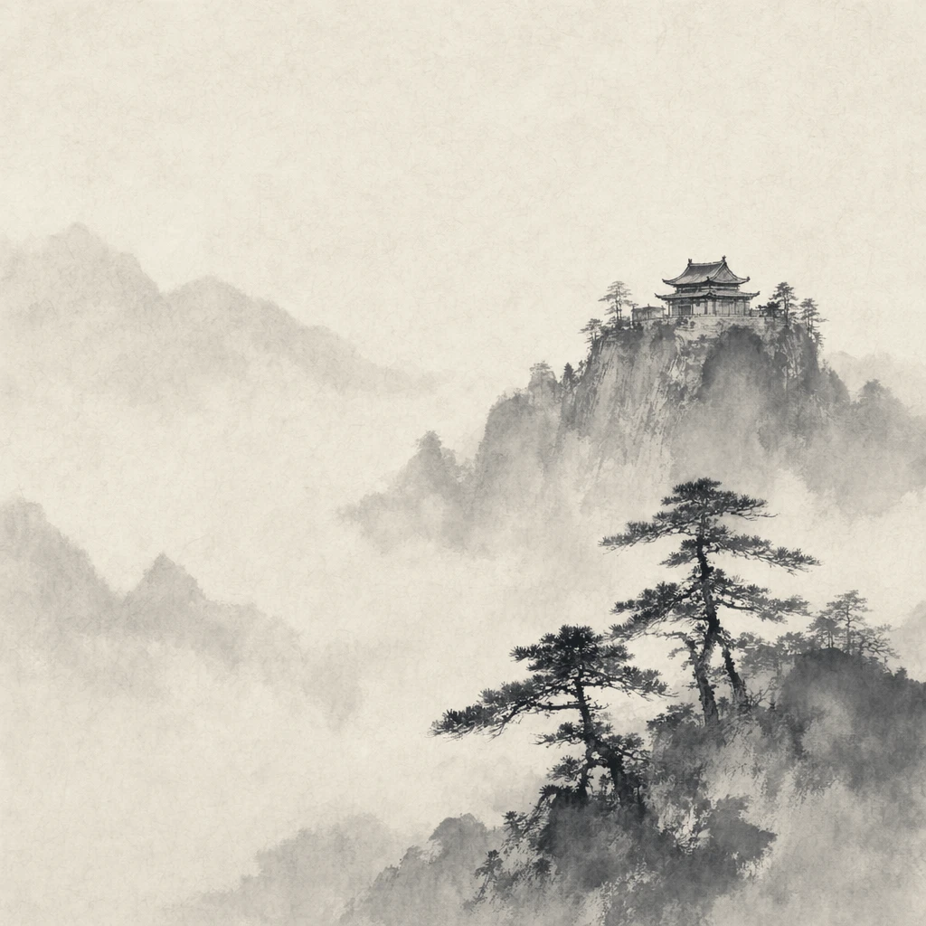 极简传统水墨山水寺庙艺术画