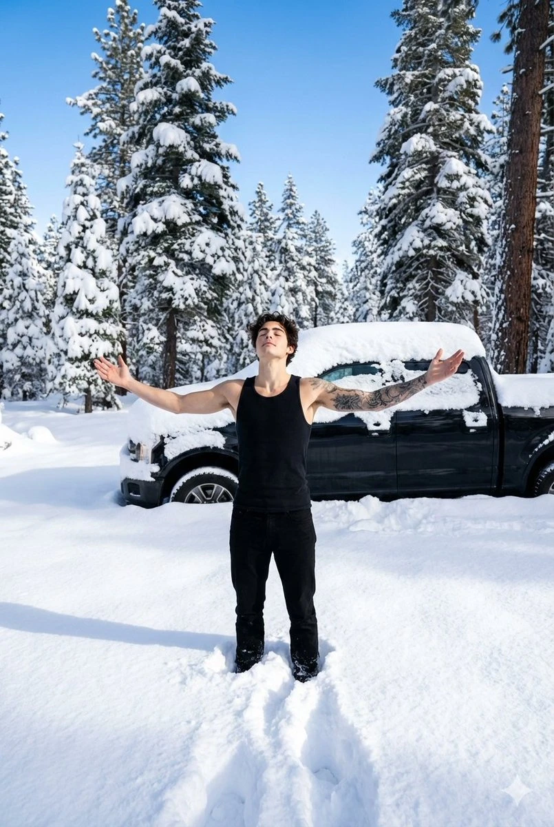 雪林中青年男子张臂仰望天空,展现自由与宁静