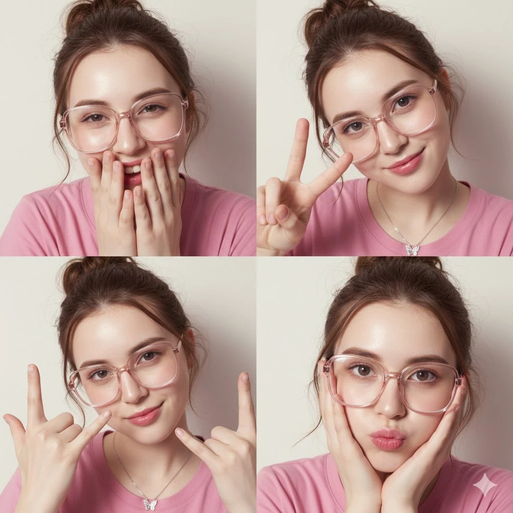 四格拼图:同脸不同手势的甜美少女写真