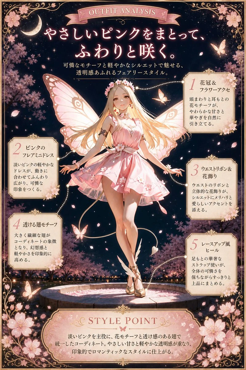 粉色系精灵少女穿搭分析海报