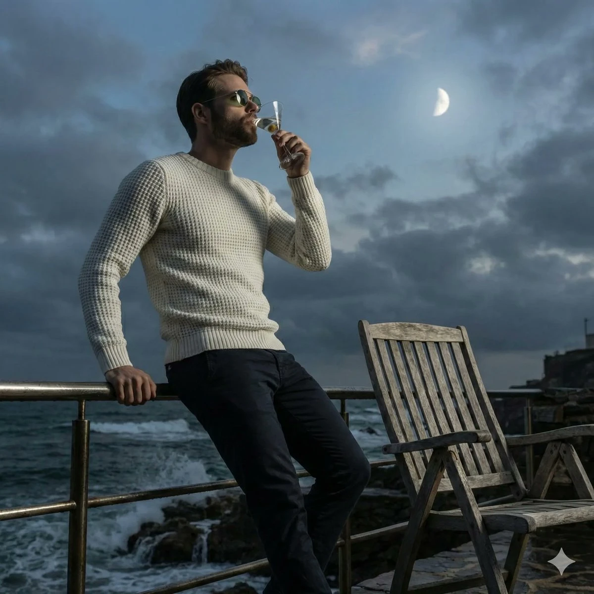 海边露台独酌,月夜云影下的沉思与优雅