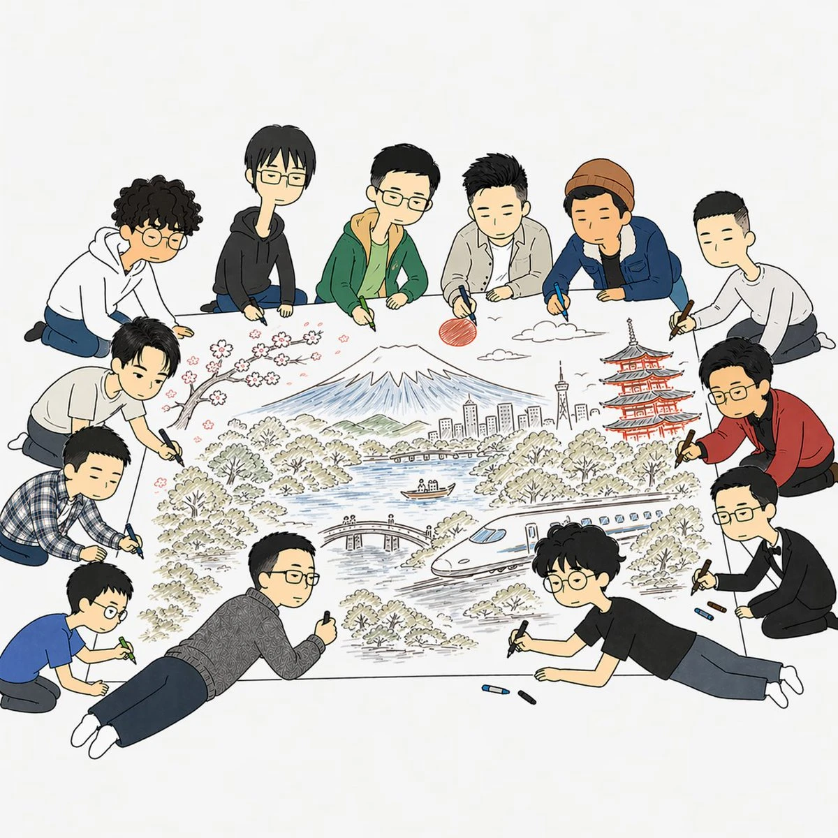 11人围绘日本风景插画