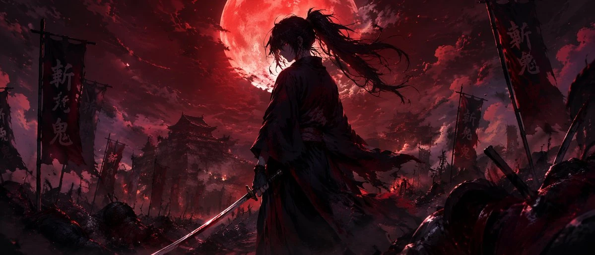 血月战场黑衣剑客暗黑幻想插画
