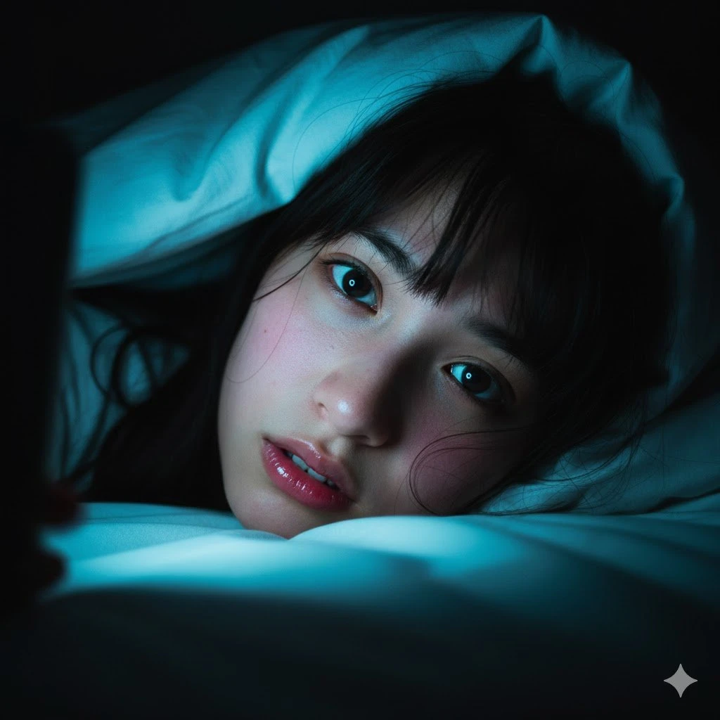 深夜被窝中的手机屏光特写,营造私密心动氛围